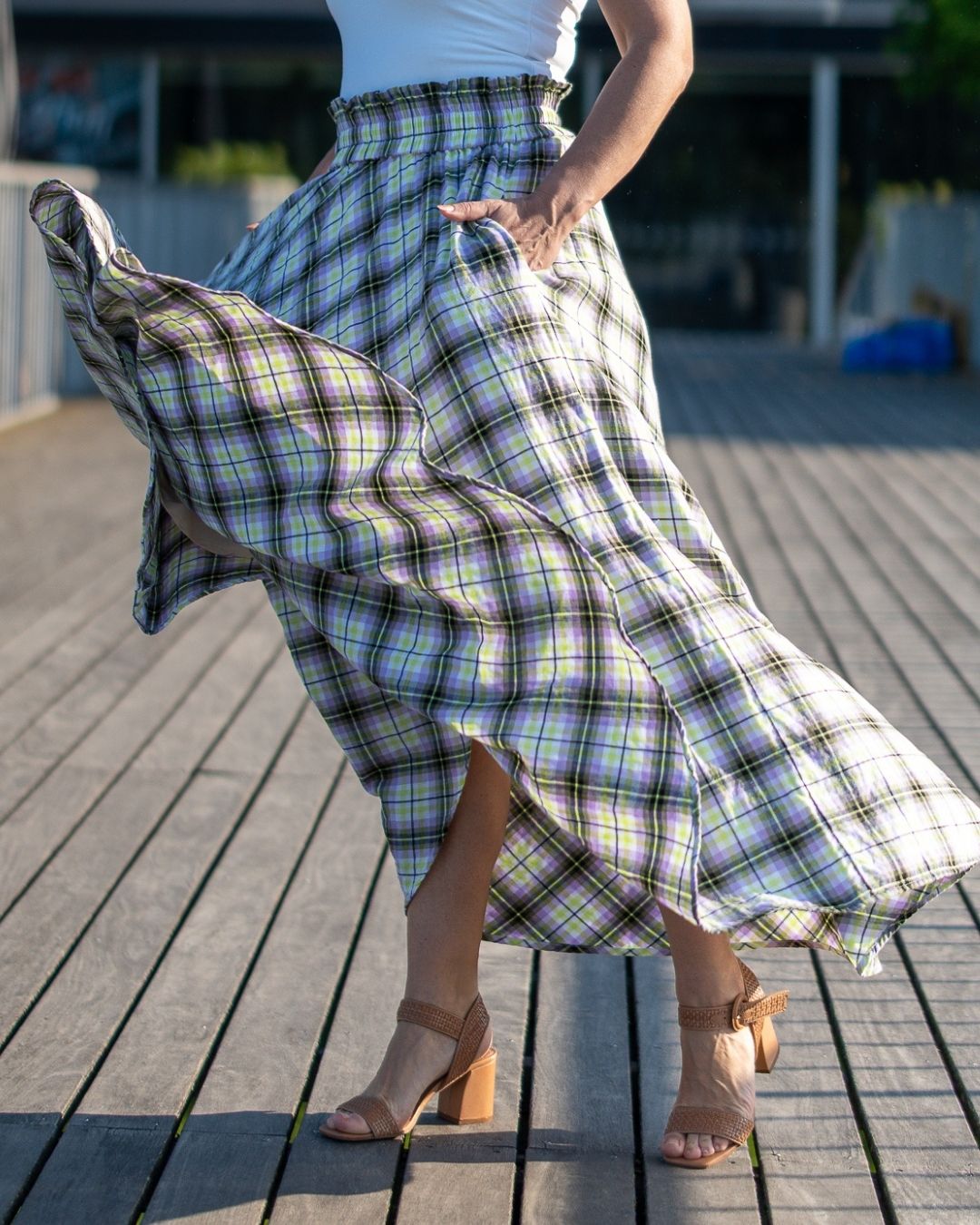 AMY - letná károvaná sukňa "lime-lilac" - Image 9